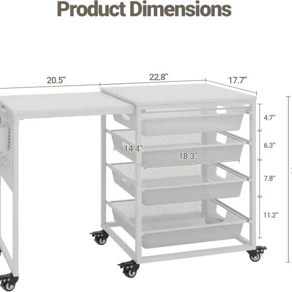 Rolling Craft Storage Cart with Wheels & Mesh Drawers, Extendable Craft Table with Pegboard Organizer, Muti-Functional Work Table for Sewing, Arts and Crafts, Scrapbooking Storage,3D Printers (White)