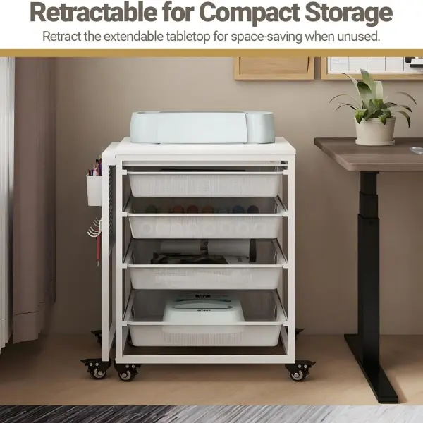 Rolling Craft Storage Cart with Wheels & Mesh Drawers, Extendable Craft Table with Pegboard Organizer, Muti-Functional Work Table for Sewing, Arts and Crafts, Scrapbooking Storage,3D Printers (White)