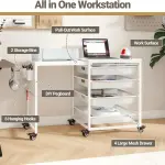 Rolling Craft Storage Cart with Wheels & Mesh Drawers, Extendable Craft Table with Pegboard Organizer, Muti-Functional Work Table for Sewing, Arts and Crafts, Scrapbooking Storage,3D Printers (White)