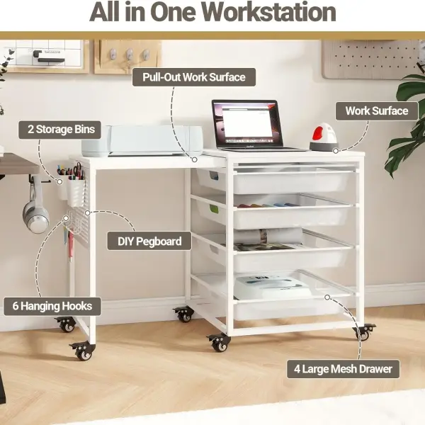 Rolling Craft Storage Cart with Wheels & Mesh Drawers, Extendable Craft Table with Pegboard Organizer, Muti-Functional Work Table for Sewing, Arts and Crafts, Scrapbooking Storage,3D Printers (White)