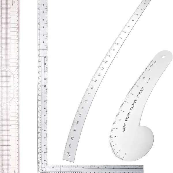 Xuhal 4 Pcs French Curve Ruler Sewing Ruler Set Aluminum Sewing Tools Supplies for Quilting with French Curves Aluminum Designers Kit Includes Curve, Hip, L Square and Plastic Grading for Design Craft