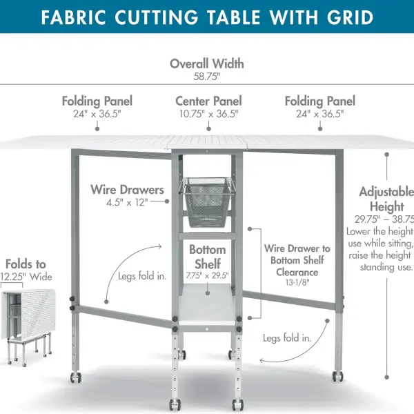 Sew Ready Foldable Hobby and Cutting Grid Table with Grid Top and Storage Drawers for Arts and Crafts, 58.75" W x 36.5" D Table Size, White