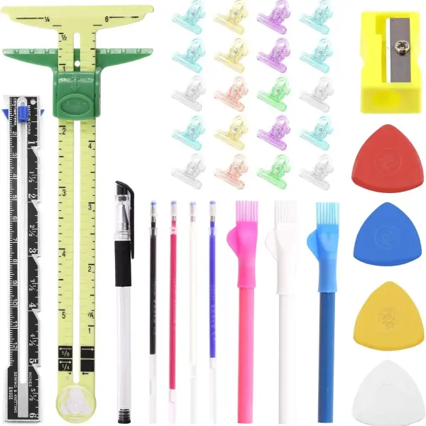 Swpeet 48Pcs Sewing Tools Kit, Tailors Chalk, Sewing Fabric Chalk, Sewing Fabric Pencils, 5-in-1 Sliding Gauge Measuring Sewing Ruler Tool, Heat Erasable Fabric Marking Pens with 4 Refills