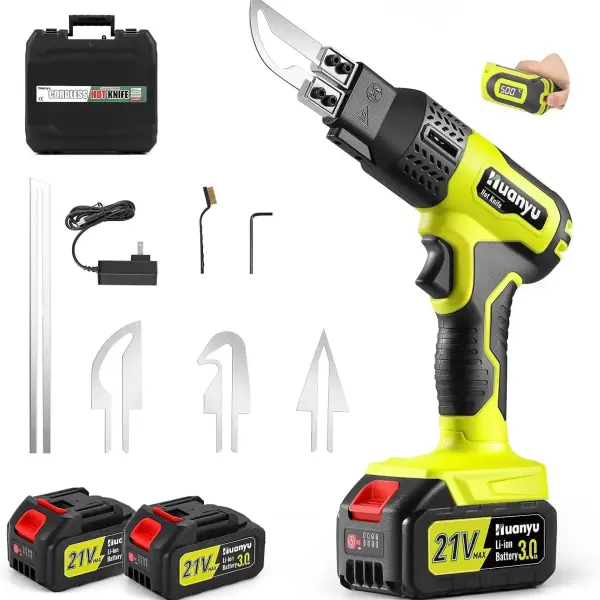 Huanyu Cordless Hot Knife with Temp. Display 100W Max 500℃ 3.0Ah Battery Powered Air Cooling Cutting Tool 4 Blades Set Electric Hot Knife Foam Cutting Tool Craft Shears for Rope, Fabric, Acrylic