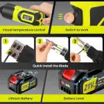 Huanyu Cordless Hot Knife with Temp. Display 100W Max 500℃ 3.0Ah Battery Powered Air Cooling Cutting Tool 4 Blades Set Electric Hot Knife Foam Cutting Tool Craft Shears for Rope, Fabric, Acrylic