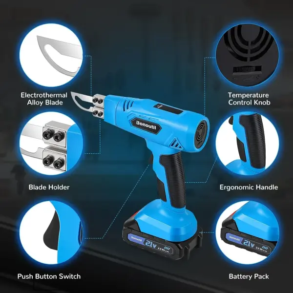 21V Cordless Hot Knife Foam Cutting Tools with 6 Blades 2.0Ah Battery Powered 5-Second Quick Heating Electric Cutting Tool Air Cooling System for Plastic, Rope Cutting Craft Shears