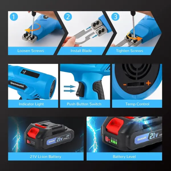 21V Cordless Hot Knife Foam Cutting Tools with 6 Blades 2.0Ah Battery Powered 5-Second Quick Heating Electric Cutting Tool Air Cooling System for Plastic, Rope Cutting Craft Shears