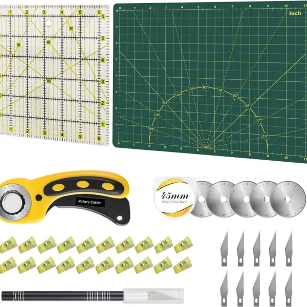 39 Pcs Rotary Cutter Set - Quilting Kit incl. 45mm Fabric Cutter, 5 Extra Rotary Blades, A4 Cutting Mat, Craft Knife Set, Quilting Ruler and Sewing Clips, Ideal for Crafting, Sewing, Patchworking