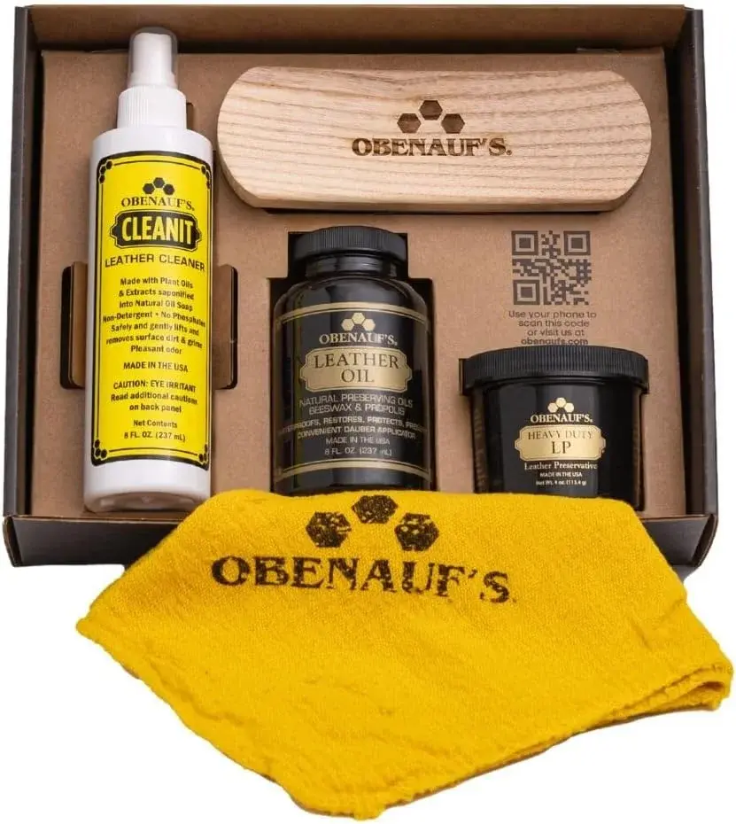 Obenauf's Leather Care Essentials Kit - 4oz Heavy Duty Leather Preservative - 8oz Leather Oil Leather Conditioner - 8oz Cleanit Leather Cleaner - Horsehair Brush - Cleaning Cloth