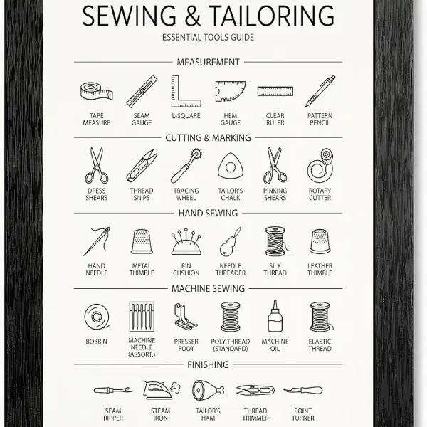 Framed Canvas Wall Art Minimalist Infographic Sewing and Tailoring Tools Black Icon Chart Canvas Print Poster Black Frame Wall Decor for Craft Room Tailor Gift, Seamstress Art - 16x20 Inch