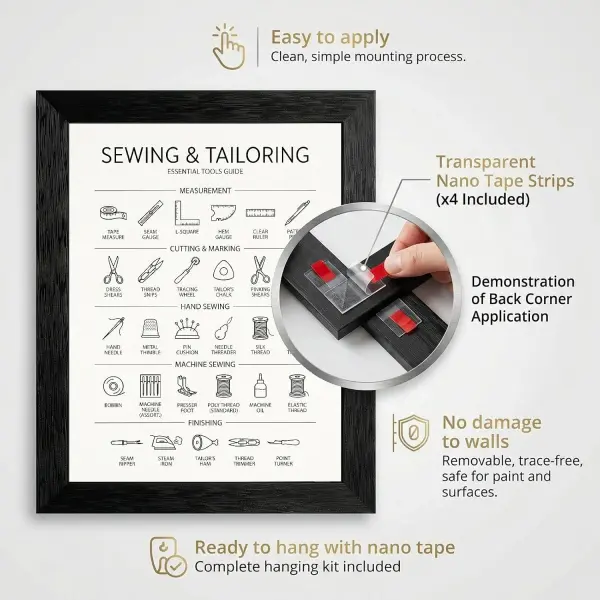 Framed Canvas Wall Art Minimalist Infographic Sewing and Tailoring Tools Black Icon Chart Canvas Print Poster Black Frame Wall Decor for Craft Room Tailor Gift, Seamstress Art - 16x20 Inch