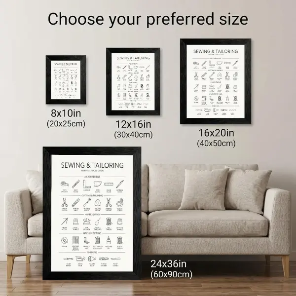Framed Canvas Wall Art Minimalist Infographic Sewing and Tailoring Tools Black Icon Chart Canvas Print Poster Black Frame Wall Decor for Craft Room Tailor Gift, Seamstress Art - 16x20 Inch