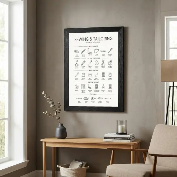 Framed Canvas Wall Art Minimalist Infographic Sewing and Tailoring Tools Black Icon Chart Canvas Print Poster Black Frame Wall Decor for Craft Room Tailor Gift, Seamstress Art - 16x20 Inch