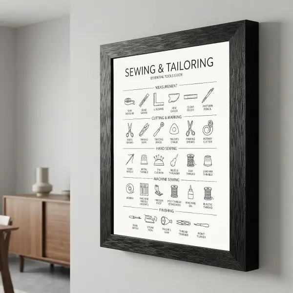 Framed Canvas Wall Art Minimalist Infographic Sewing and Tailoring Tools Black Icon Chart Canvas Print Poster Black Frame Wall Decor for Craft Room Tailor Gift, Seamstress Art - 16x20 Inch