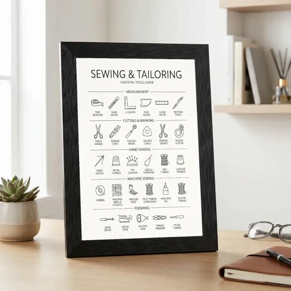 Framed Canvas Wall Art Minimalist Infographic Sewing and Tailoring Tools Black Icon Chart Canvas Print Poster Black Frame Wall Decor for Craft Room Tailor Gift, Seamstress Art - 16x20 Inch