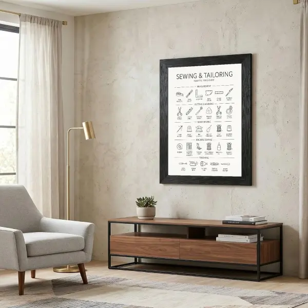 Framed Canvas Wall Art Minimalist Infographic Sewing and Tailoring Tools Black Icon Chart Canvas Print Poster Black Frame Wall Decor for Craft Room Tailor Gift, Seamstress Art - 16x20 Inch