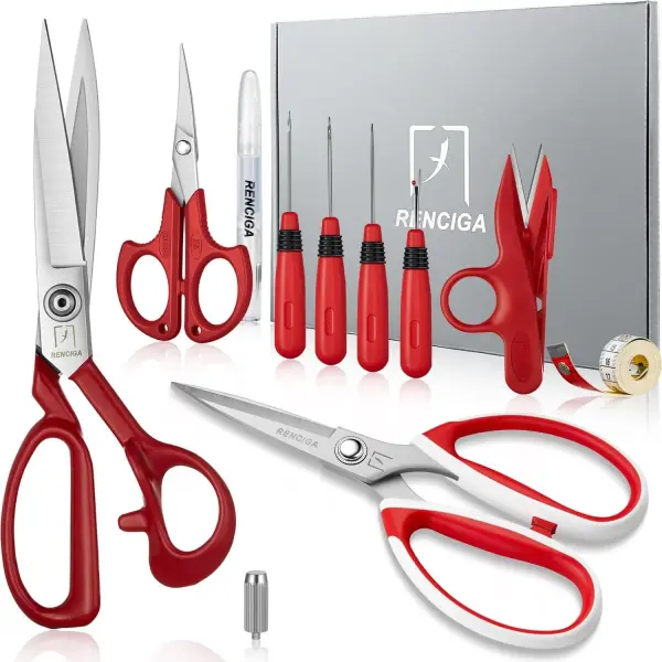 Fabric Scissors Tailor Sewing Shears Threading Needle Tools Kit 10 Inch Heady Duty Scissors Set for Fabric Cutting Professional Extremely Sharp Cloth Scissor Multipurpose Dressmaker (Red)