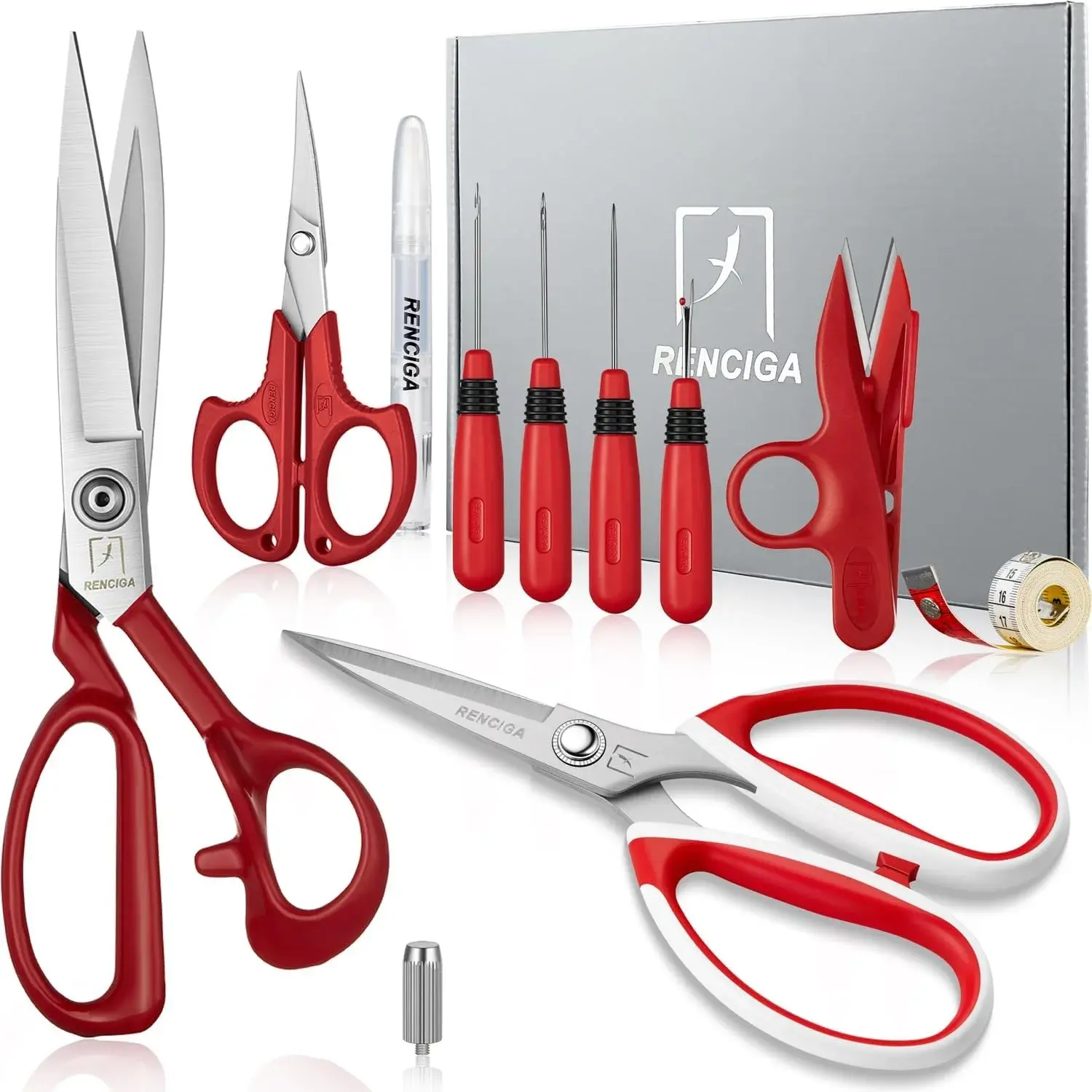 Fabric Scissors Tailor Sewing Shears Threading Needle Tools Kit 10 Inch Heady Duty Scissors Set for Fabric Cutting Professional Extremely Sharp Cloth Scissor Multipurpose Dressmaker (Red)