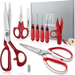 Fabric Scissors Tailor Sewing Shears Threading Needle Tools Kit 10 Inch Heady Duty Scissors Set for Fabric Cutting Professional Extremely Sharp Cloth Scissor Multipurpose Dressmaker (Red)
