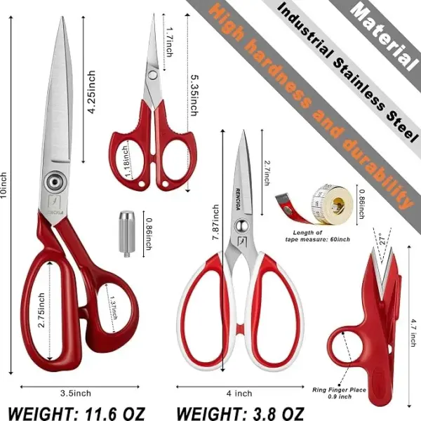 Fabric Scissors Tailor Sewing Shears Threading Needle Tools Kit 10 Inch Heady Duty Scissors Set for Fabric Cutting Professional Extremely Sharp Cloth Scissor Multipurpose Dressmaker (Red)