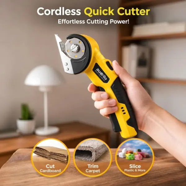 AUDRILO Electric Scissors Cordless Rechargeable Fabric Cutter, Cardboard Cutter, 4V 2000mAh Electric Cutter, Portable Cutting Tool, USB Charging DIY Craft Tailoring for Cloth, Leather, Carpet - Yellow