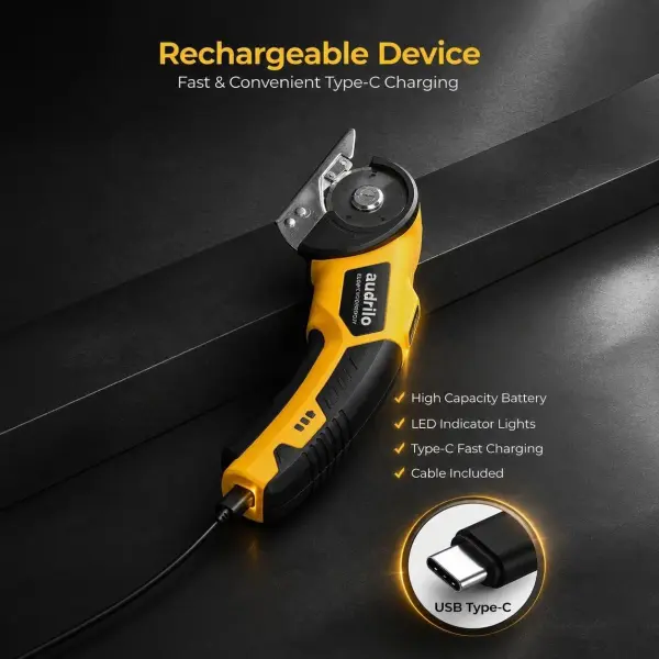 AUDRILO Electric Scissors Cordless Rechargeable Fabric Cutter, Cardboard Cutter, 4V 2000mAh Electric Cutter, Portable Cutting Tool, USB Charging DIY Craft Tailoring for Cloth, Leather, Carpet - Yellow