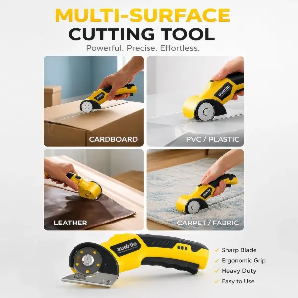 AUDRILO Electric Scissors Cordless Rechargeable Fabric Cutter, Cardboard Cutter, 4V 2000mAh Electric Cutter, Portable Cutting Tool, USB Charging DIY Craft Tailoring for Cloth, Leather, Carpet - Yellow