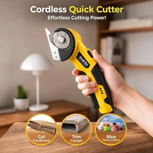 AUDRILO Electric Scissors Cordless Rechargeable Fabric Cutter, Cardboard Cutter, 4V 2000mAh Electric Cutter, Portable Cutting Tool, USB Charging DIY Craft Tailoring for Cloth, Leather, Carpet - Yellow