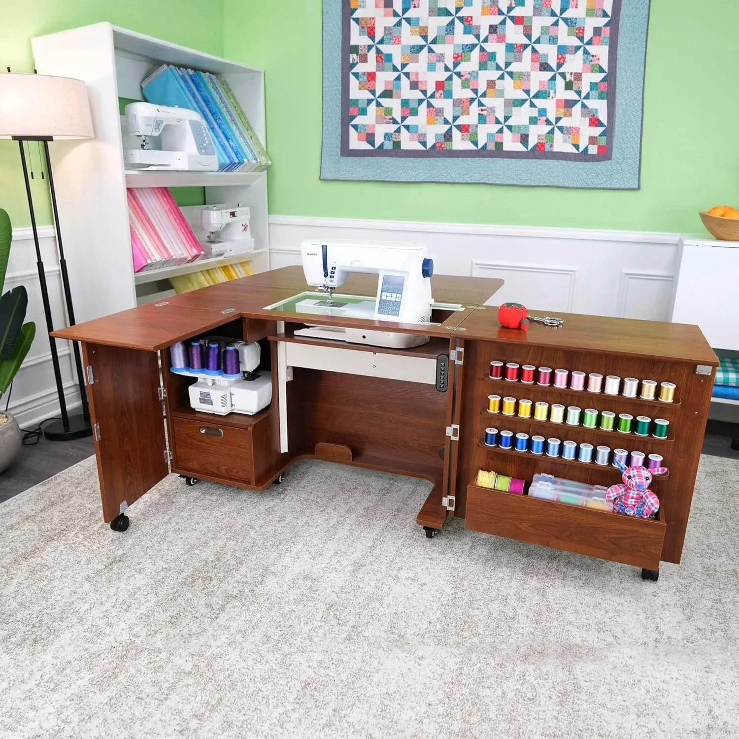 Arrow Sewing Wallaby Dual Rail Electric Sewing Cabinet, Teak
