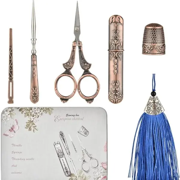 Vintage Scissors Set Sewing Tools with Box Embroidery Scissor Needle Case Needle Bottle Sewing Thimble (Color : A Size : One Size)