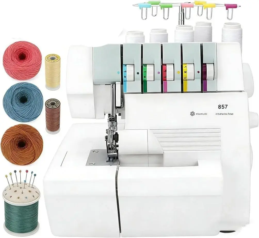 Professional Heavy-Duty Overlocker Sewing Machine with 2-3-4-5 Stitch Capability, 150W, Coverstitch and Trim Trap, Foot Controller Included for Seamless Finishing