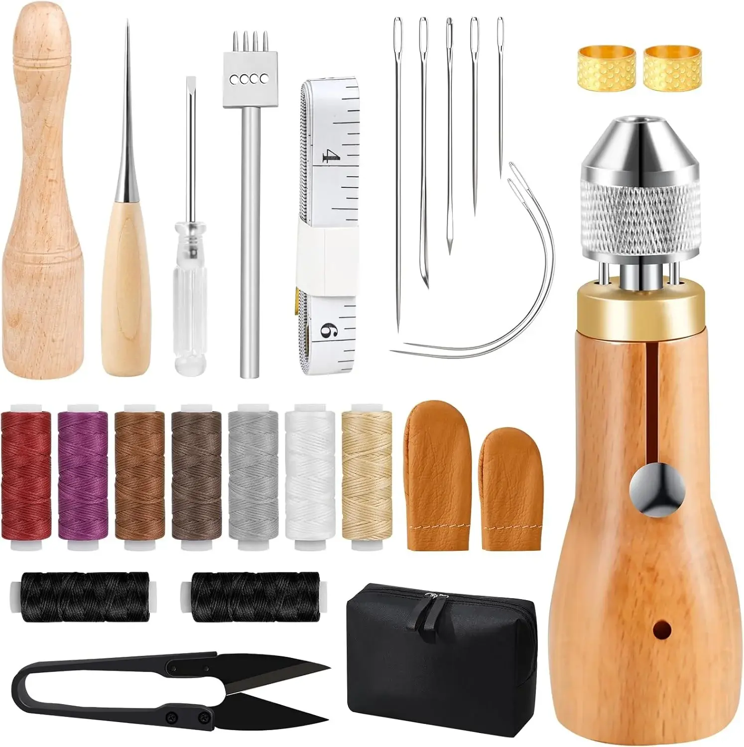 Hicdaw 28PCS Sewing Awl Kit Awl Tool Sewing with Needles, Waxed Thread, Needle Threaders, Tape Measure, Beech Mallet for DIY Leather and Sewing Tool Set