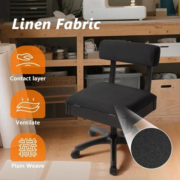 Lessmore Adjustable Height Sewing and Crafting Chair with Wheels, Back Support, and Under Seat Storage - Perfect for Your Craft Room Furniture and Craft Machines (Solid-Black)
