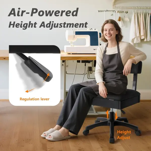 Lessmore Adjustable Height Sewing and Crafting Chair with Wheels, Back Support, and Under Seat Storage - Perfect for Your Craft Room Furniture and Craft Machines (Solid-Black)
