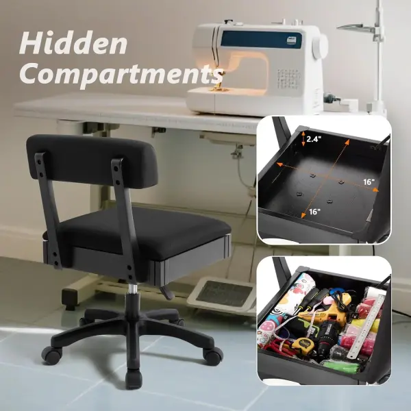 Lessmore Adjustable Height Sewing and Crafting Chair with Wheels, Back Support, and Under Seat Storage - Perfect for Your Craft Room Furniture and Craft Machines (Solid-Black)