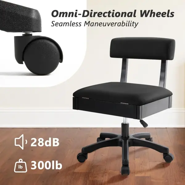 Lessmore Adjustable Height Sewing and Crafting Chair with Wheels, Back Support, and Under Seat Storage - Perfect for Your Craft Room Furniture and Craft Machines (Solid-Black)