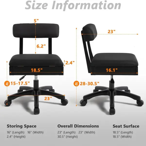 Lessmore Adjustable Height Sewing and Crafting Chair with Wheels, Back Support, and Under Seat Storage - Perfect for Your Craft Room Furniture and Craft Machines (Solid-Black)