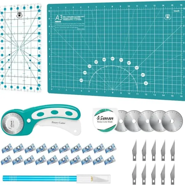 Headley Tools Rotary Cutter Set - 45mm Fabric Cutter, 5 Extra Rotary Blades, A3 Cutting Mat, Quilting Ruler and Sewing Clips, Craft Knife Set, Ideal for Crafting, Sewing, Patchworking,Turquoise