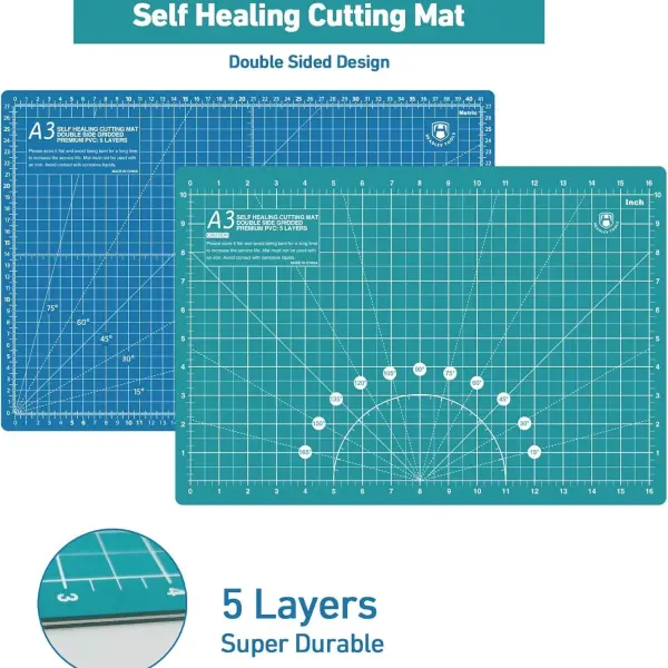 Headley Tools Rotary Cutter Set - 45mm Fabric Cutter, 5 Extra Rotary Blades, A3 Cutting Mat, Quilting Ruler and Sewing Clips, Craft Knife Set, Ideal for Crafting, Sewing, Patchworking,Turquoise