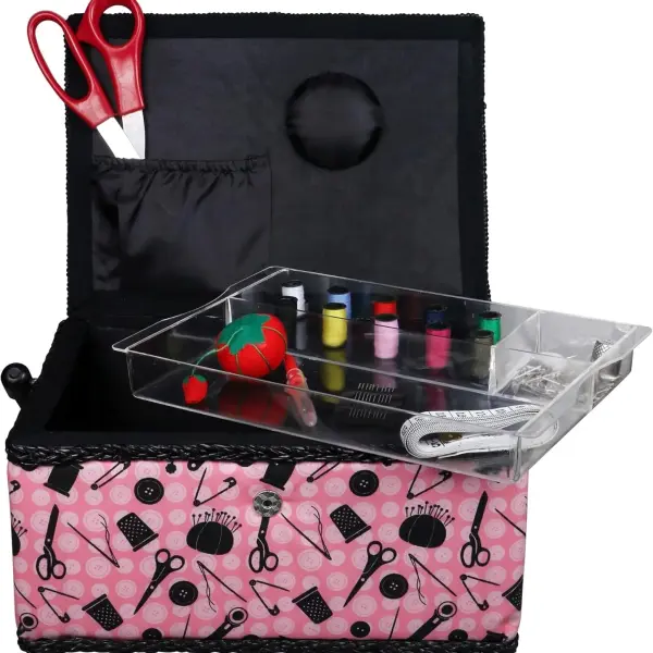 SINGER 07276 Sewing Basket with Sewing Kit Accessories, Pink & Black,