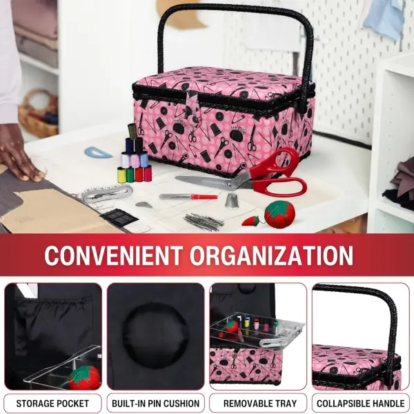 SINGER 07276 Sewing Basket with Sewing Kit Accessories, Pink & Black,