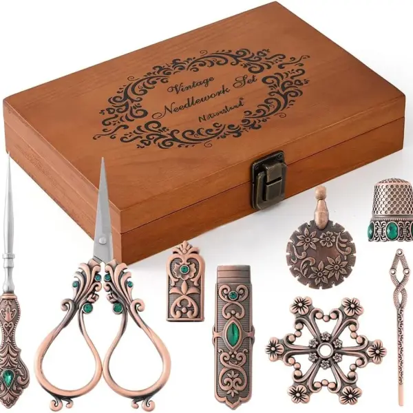 NOTIONSLAND Embroidery Scissor Set, Vintage Supplies, Needle Case, Sewing Awl, Thimble, Floss Board for Needlework, Copper