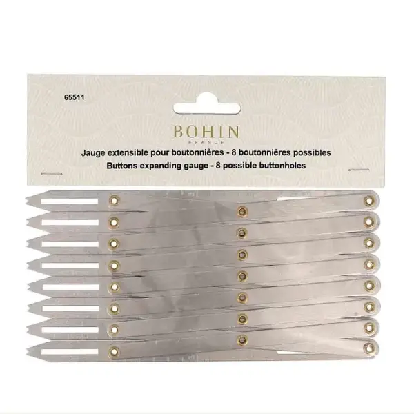 Bohin Expandable Gauge-Harmonica Design, Measuring Ruler up to 8 Buttonhole for Sewing Projects, Up to 8 Buttons, Grey