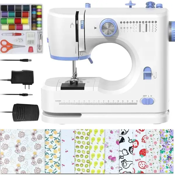 Sewing Machine for Beginners with Sewing Threads Kit(20Pcs Fabric & 32Pcs),Portable Sewing Machine with 12 Built-in Stitches & 2 Speed(High-Low Speeds) - Blue&White