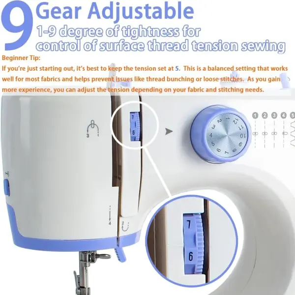Sewing Machine for Beginners with Sewing Threads Kit(20Pcs Fabric & 32Pcs),Portable Sewing Machine with 12 Built-in Stitches & 2 Speed(High-Low Speeds) - Blue&White