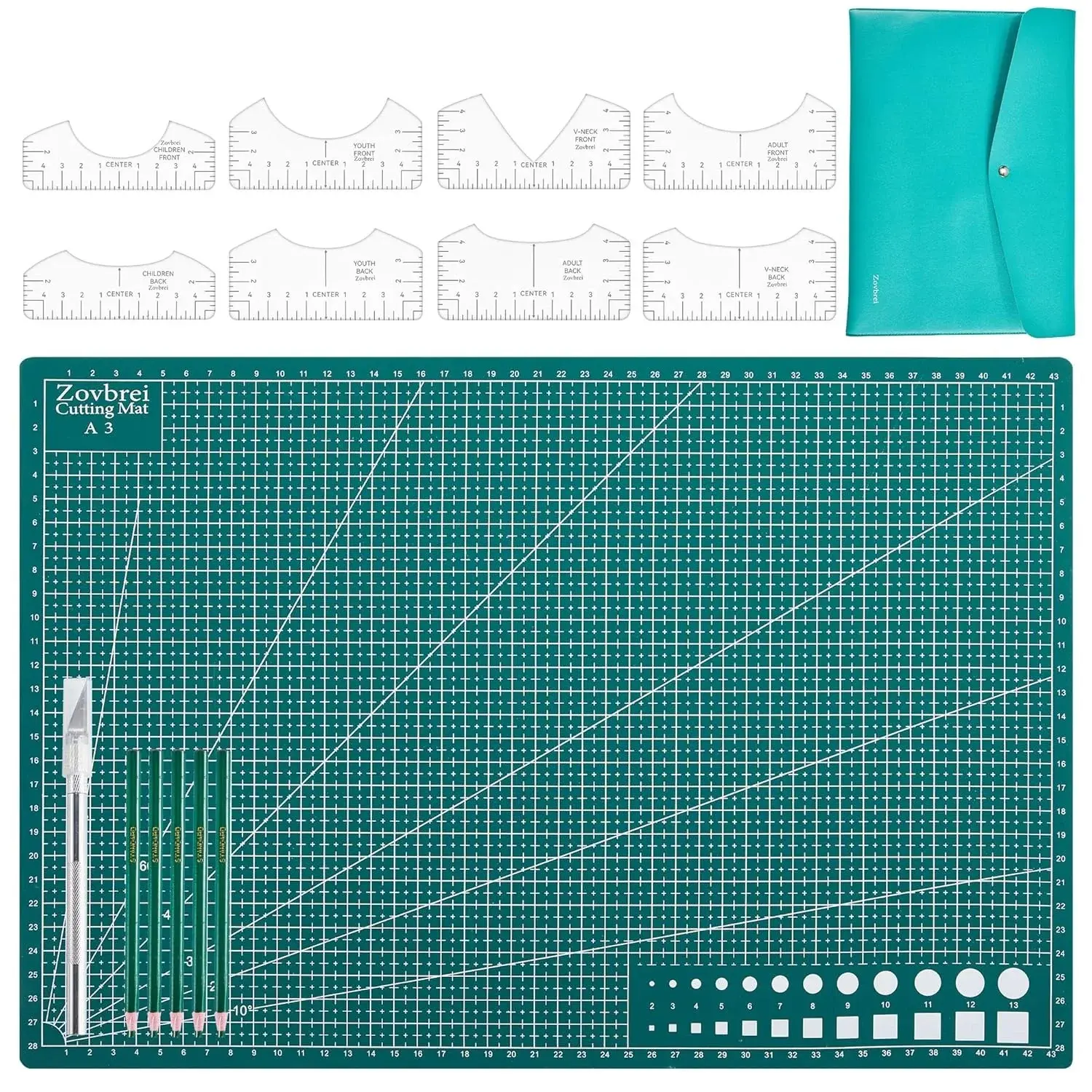 13-Piece Quilting & Sewing Set – 8 Acrylic Rulers, A3 Cutting Mat, 28mm Rotary Cutter, T-Shirt Alignment Tool Set China Marker, Tape Measure, PU Bag – Complete DIY Craft Kit