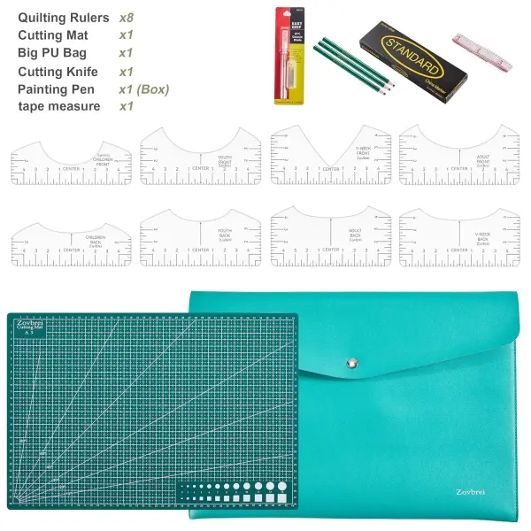 13-Piece Quilting & Sewing Set – 8 Acrylic Rulers, A3 Cutting Mat, 28mm Rotary Cutter, T-Shirt Alignment Tool Set China Marker, Tape Measure, PU Bag – Complete DIY Craft Kit