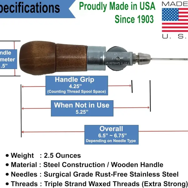 Professional Leathercraft Accessories, Sewing, Stitching Awl Tool Kit & Supplies, HEAVY DUTY - MADE in USA – DIY Craft, Leather, Heavy Fabric, Canvas, Upholstery, Bag, Shoe, Belt Repair Lockstitch Set