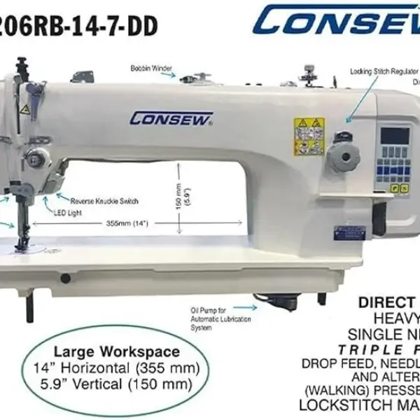 2206RB-14-7-DD Heavy Duty Single Needle Lockstitch Machine with Direct Drive and Triple Feed System