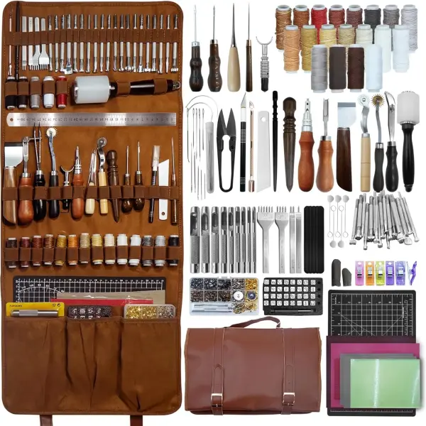 FIOQE Leather Tooling Kit Leather Craft Tools Leatherworking Kit 588Pcs DIY Set with Handbag for Bag Belt Wallet Engraving Punching Sewing Stamping Tools Professional